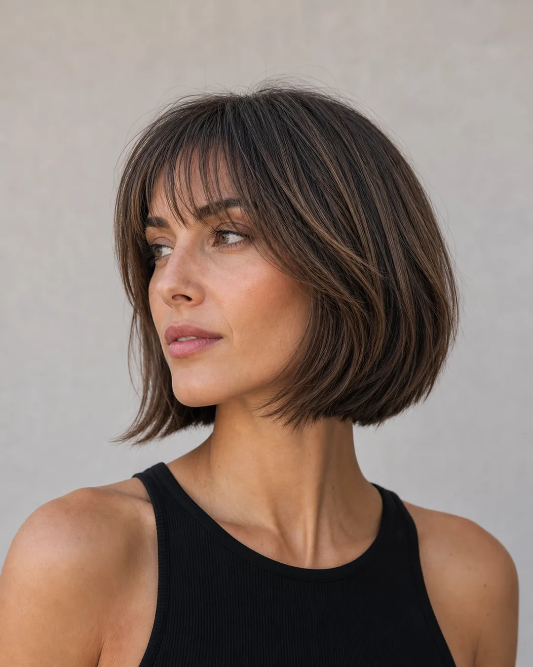 Bob escalado con flequillo — Cortes de pelo mujer para cara alargada