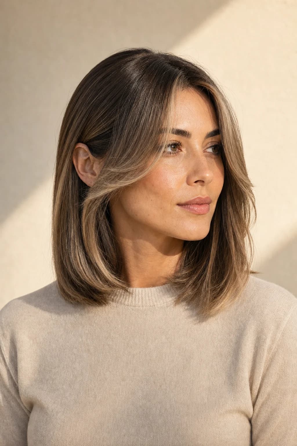 Curtain bangs alargadas cara triangular — enmarcan frente generosa