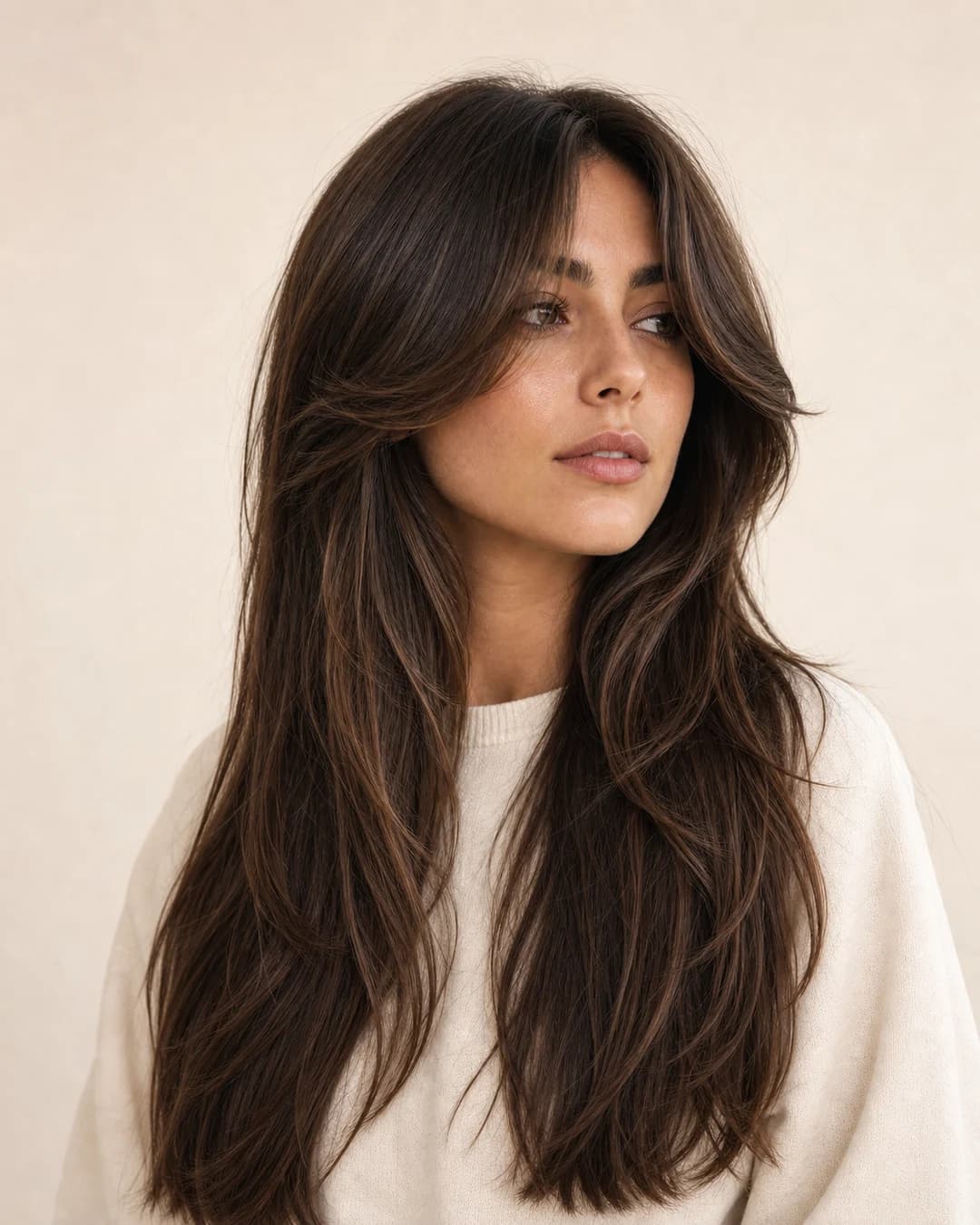 Curtain Bangs Melena Larga — vista frontal y trasera exacta