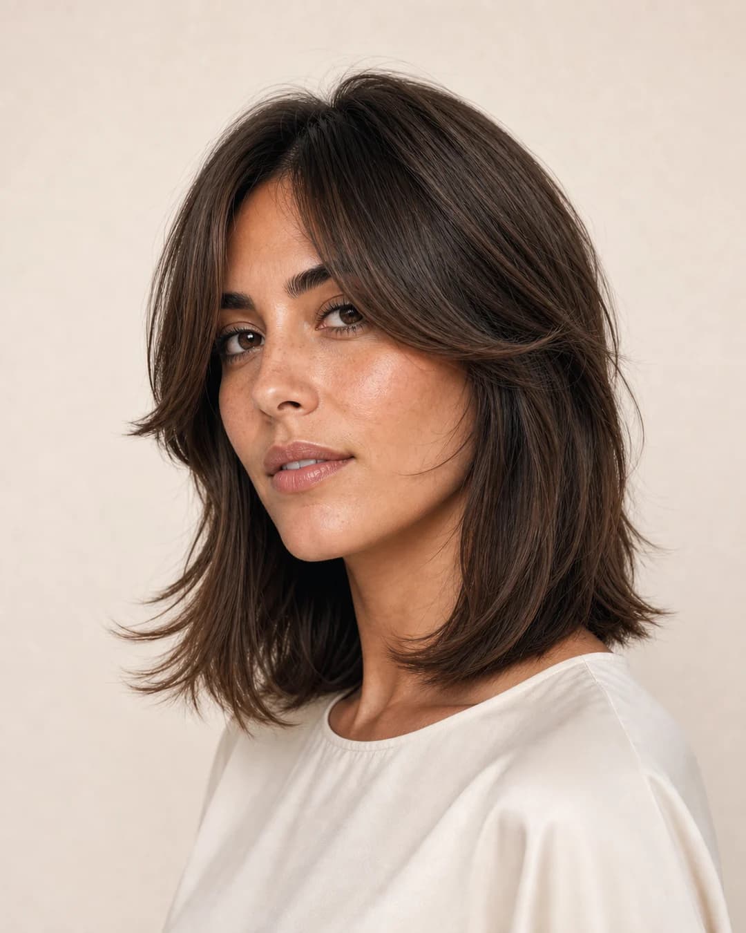 Curtain Bangs Sobre Lob — vista frontal y trasera exacta