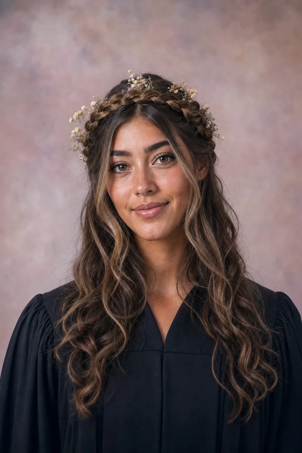 Trenza corona + flores secas — graduada boho editorial