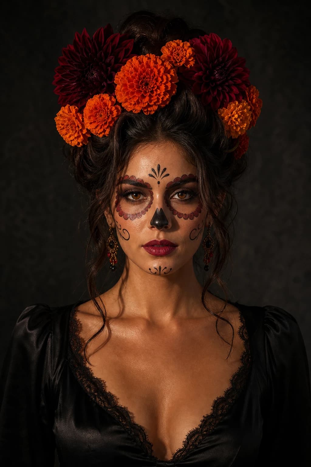 Catrina mexicana flores — recogido alto adornado calas dalias