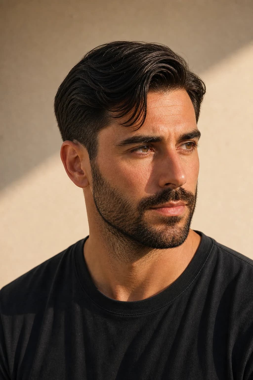Side-part hombre cara corazón — raya lateral con caída sobre frente