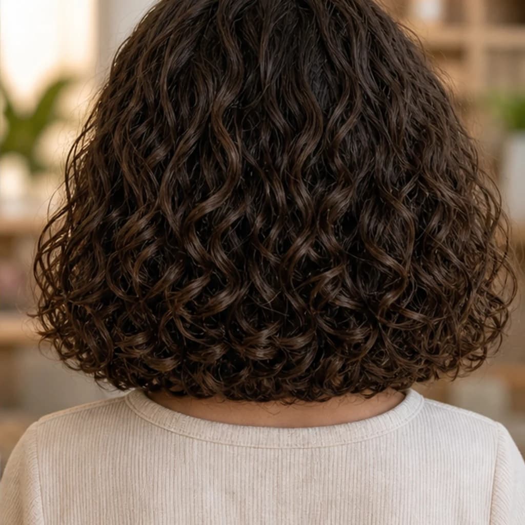Niña long bob rizado — vista trasera